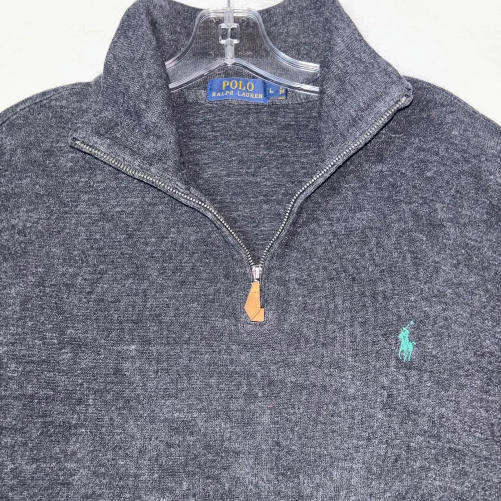 Polo Ralph Lauren Men L Gray 100% Cotton 1/4 Zip Pullover Sweater Turquoise Pony